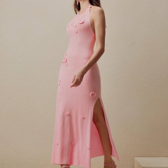 Pink Sexy Women's Beach 3D Flower Round Neck Hollow Halter Backless Cover Up - Picture 6 of 8